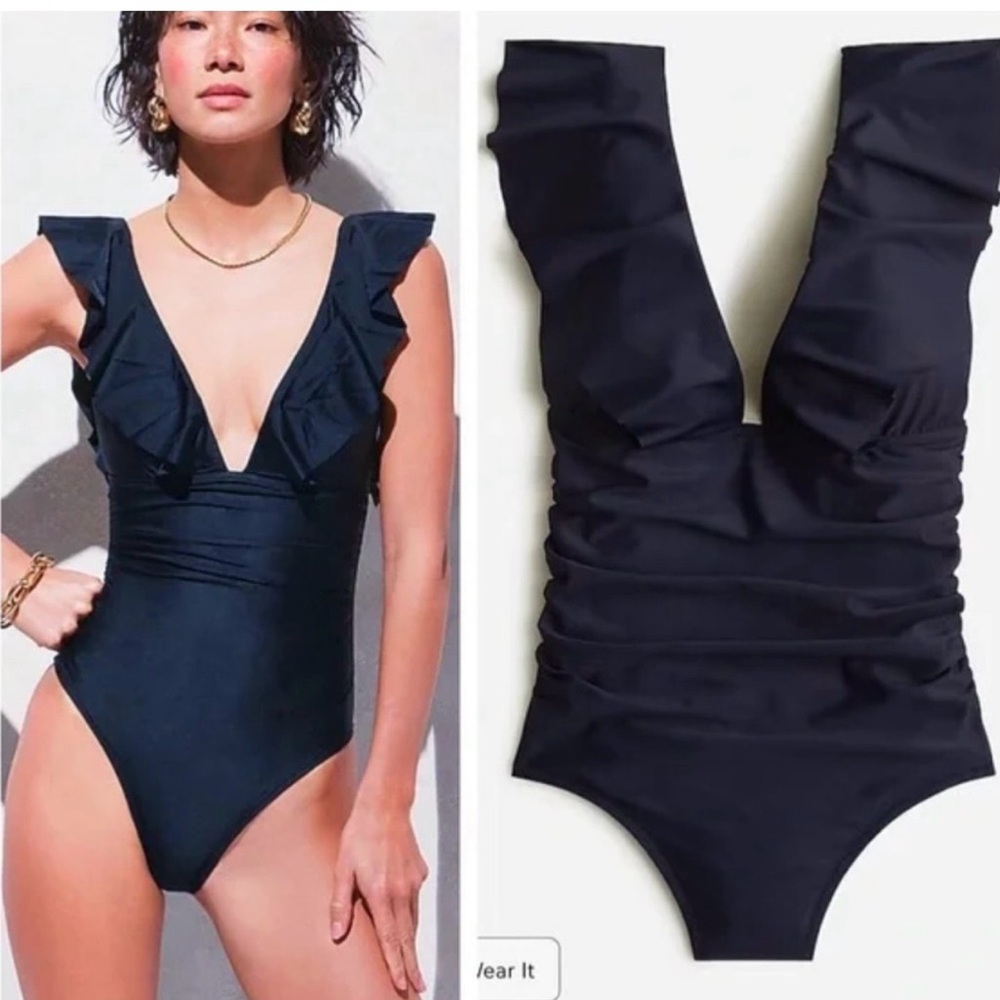 J. Crew Black Ruffle One-Piece Swimsuit